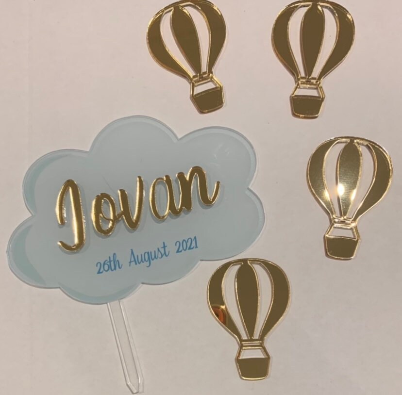 Air Balloon and Name Cloud Cake Charm & Topper set- Birthday cake - Christening cake- Baby Shower cake- Arrival cake