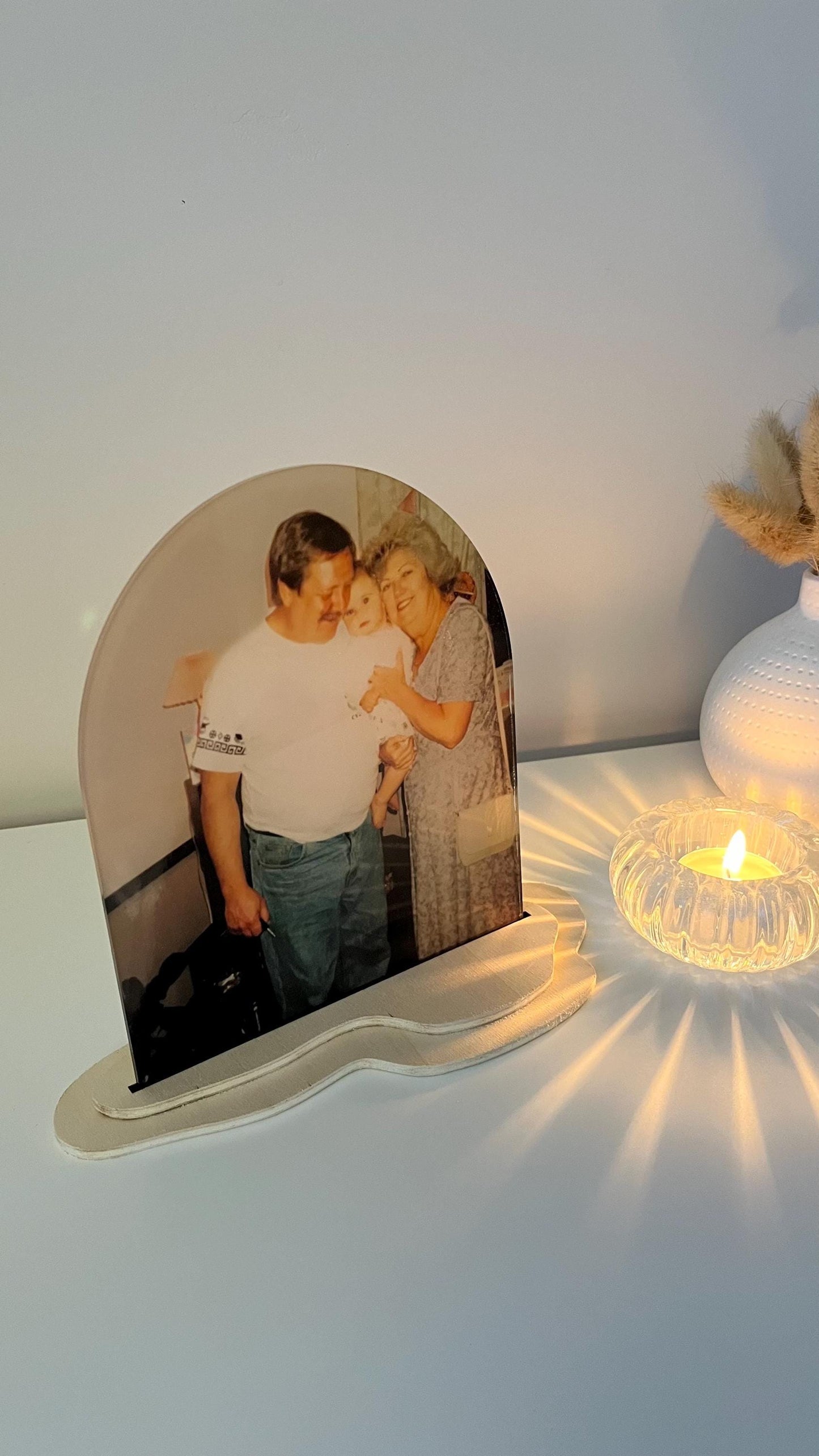Custom Acrylic Photo Arch with Organic Wooden Base