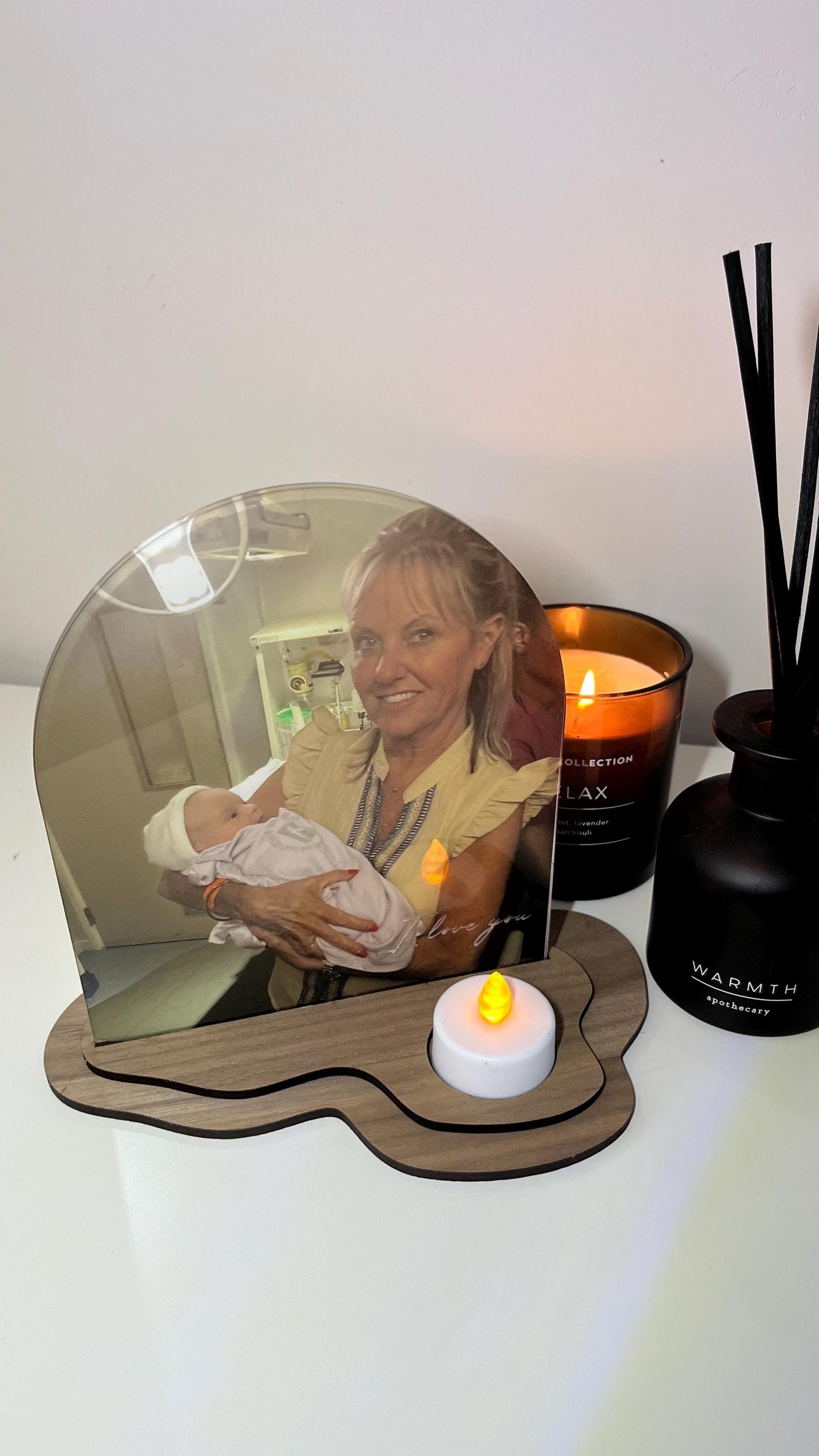 Personalised Acrylic Arch Photo Candle Holder with Natural Wood Base