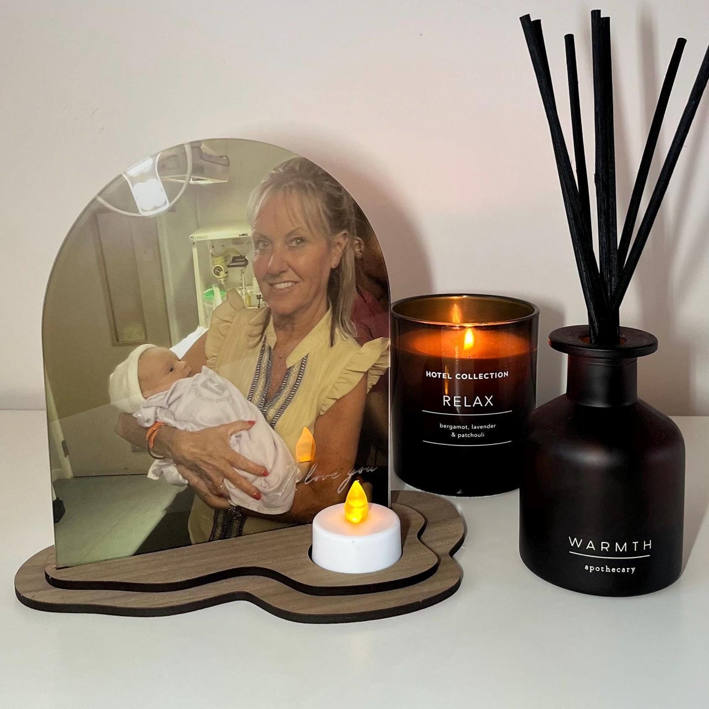 Personalised Acrylic Arch Photo Candle Holder with Natural Wood Base