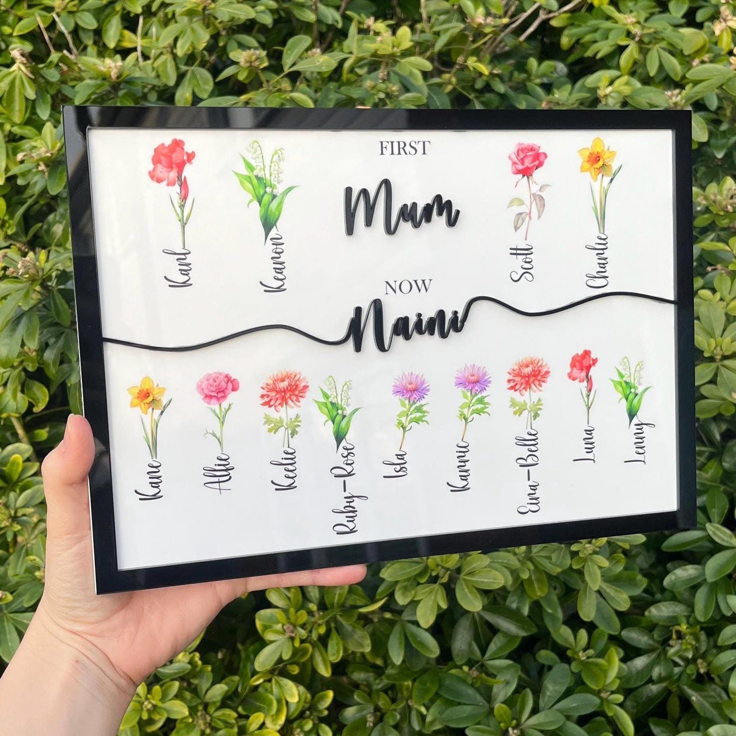 Personalised 'First Mum, Now Nan' Plaque with Birth Flowers & Names