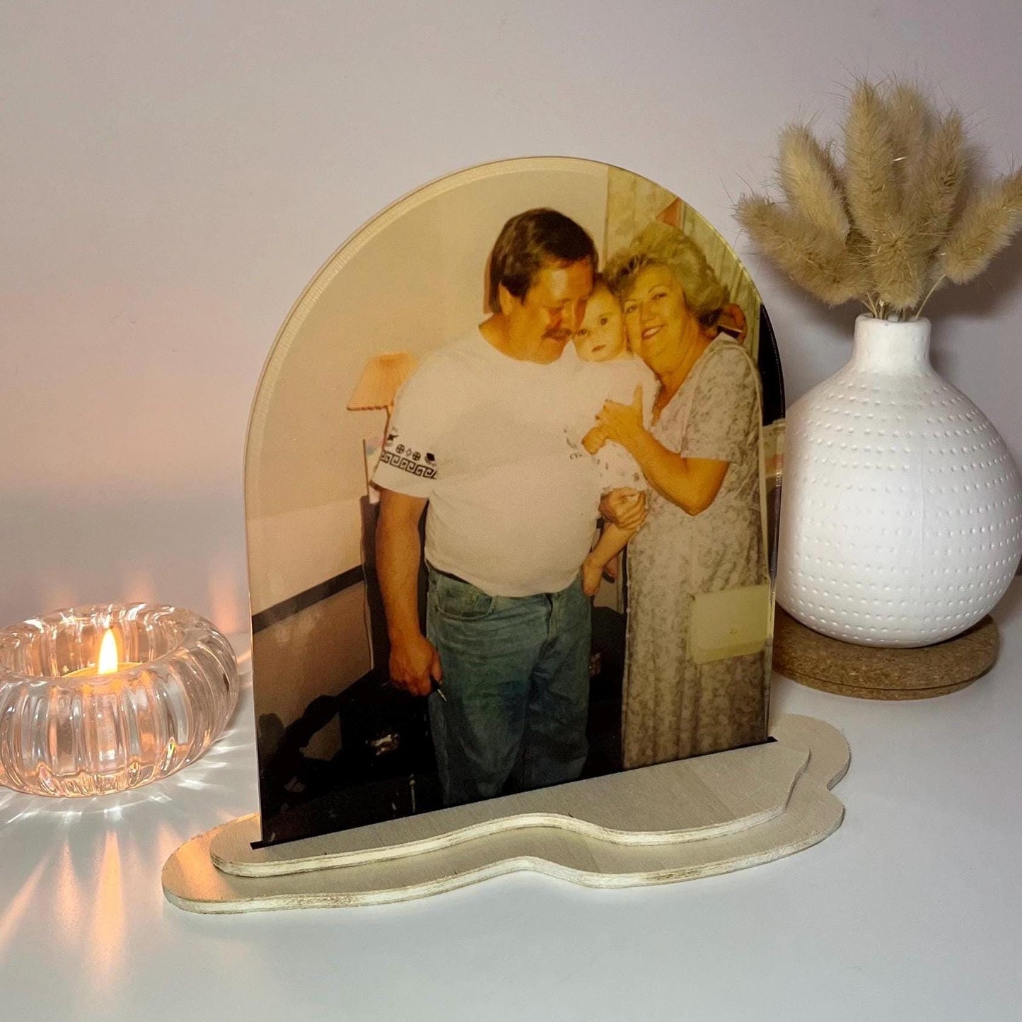 Custom Acrylic Photo Arch with Organic Wooden Base