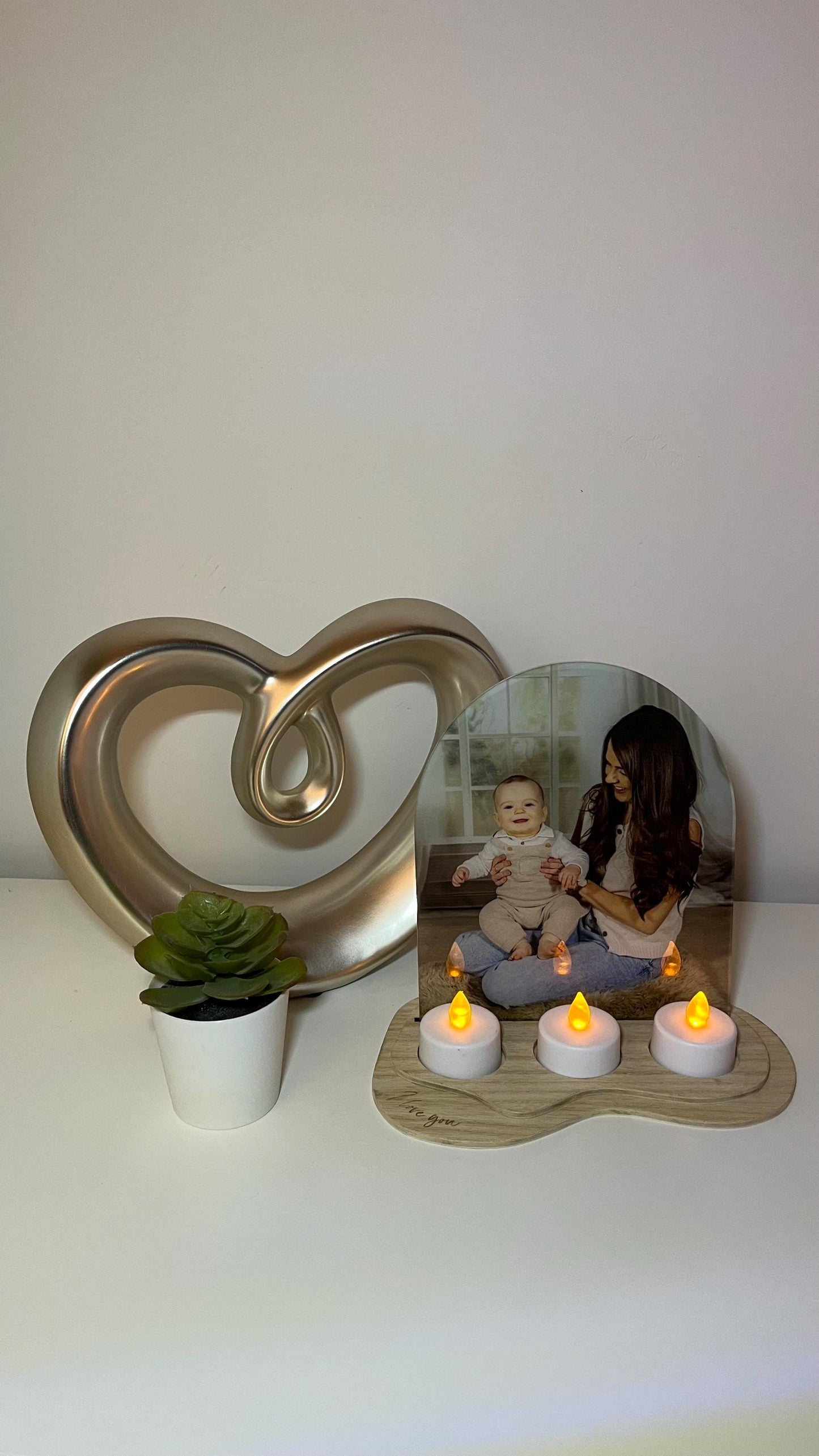Personalised Acrylic Arch Photo Candle Holder with 3 Candles & Engraved Wooden Base