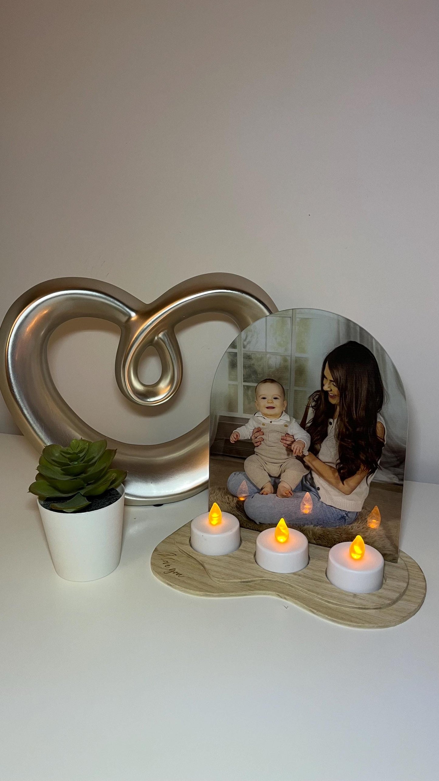 Personalised Acrylic Arch Photo Candle Holder with 3 Candles & Engraved Wooden Base