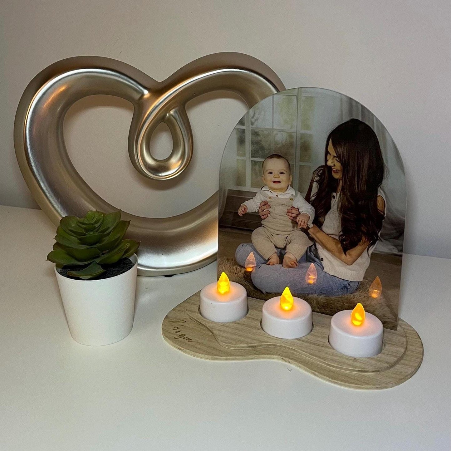 Personalised Acrylic Arch Photo Candle Holder with 3 Candles & Engraved Wooden Base