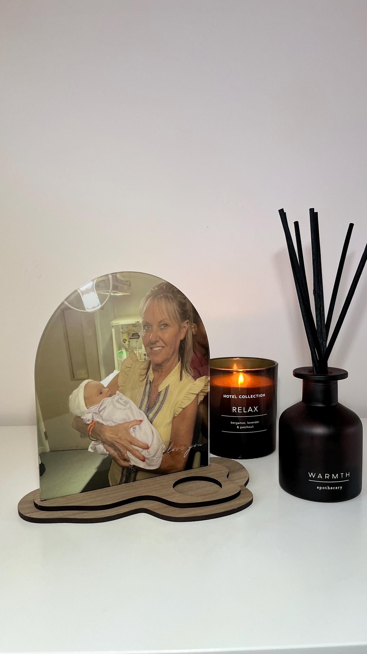 Personalised Acrylic Arch Photo Candle Holder with Natural Wood Base