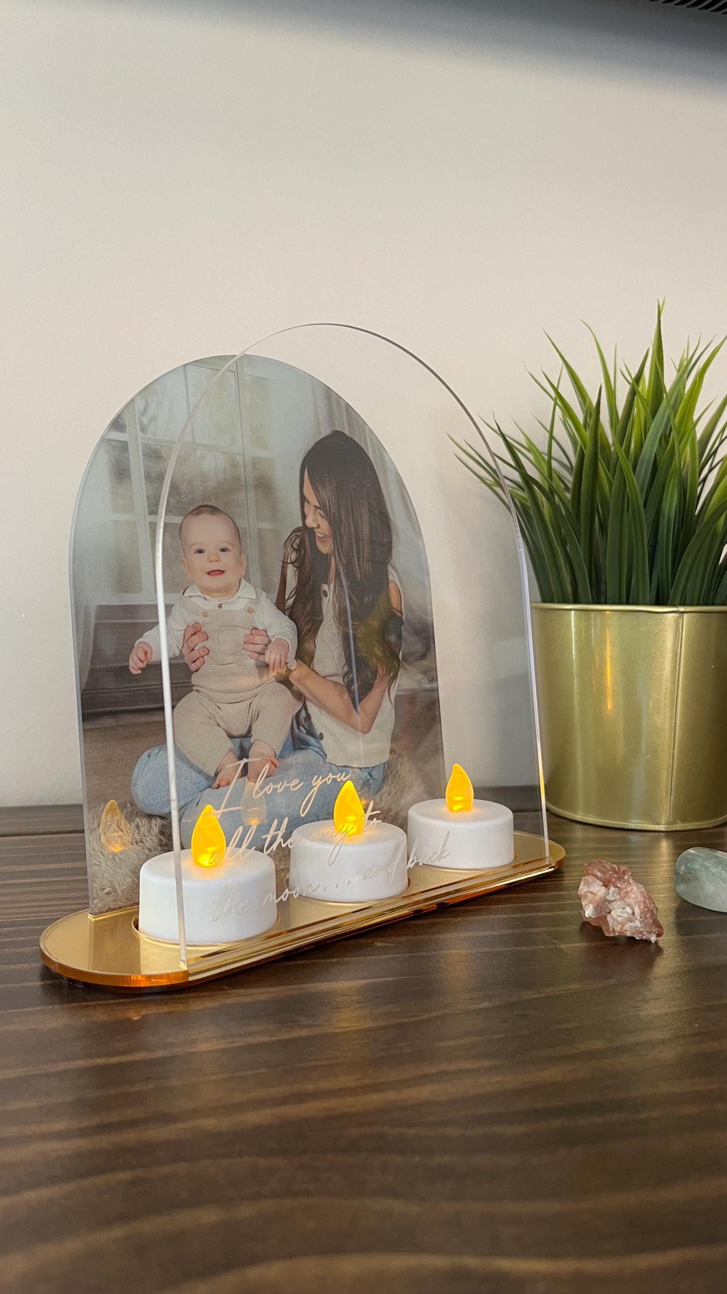 Personalised Acrylic Arch Photo Candle Holder with Mirrored Base