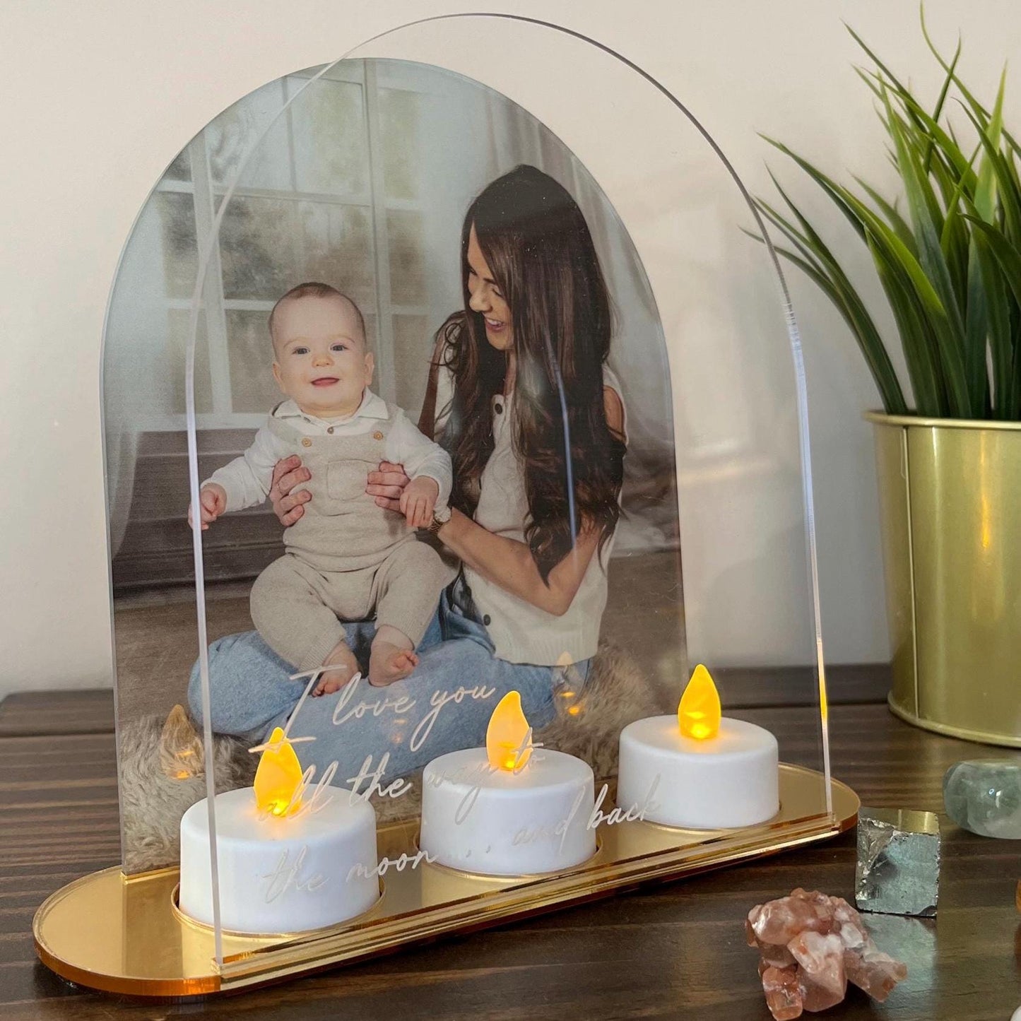 Personalised Acrylic Arch Photo Candle Holder with Mirrored Base