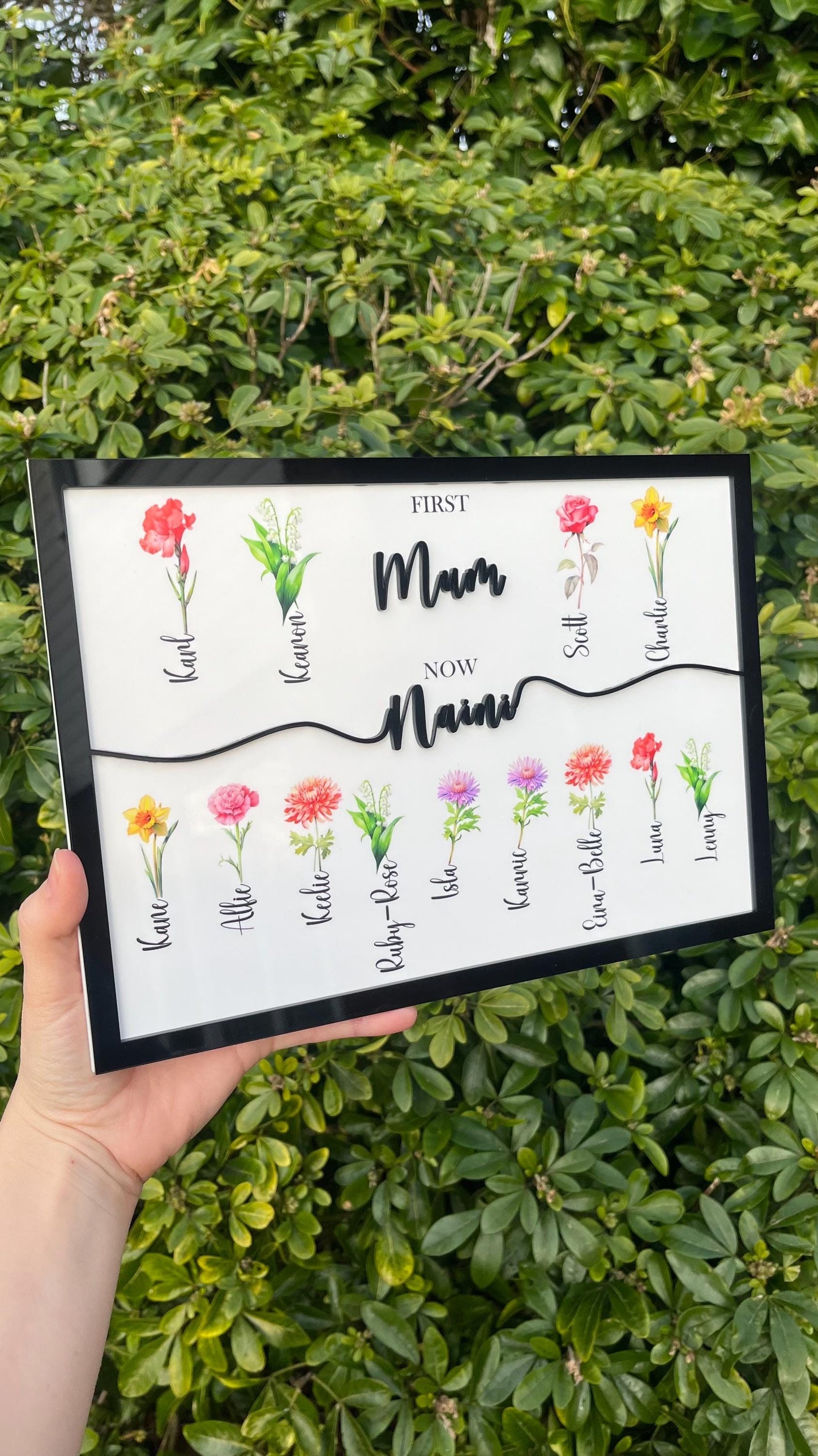 Personalised 'First Mum, Now Nan' Plaque with Birth Flowers & Names