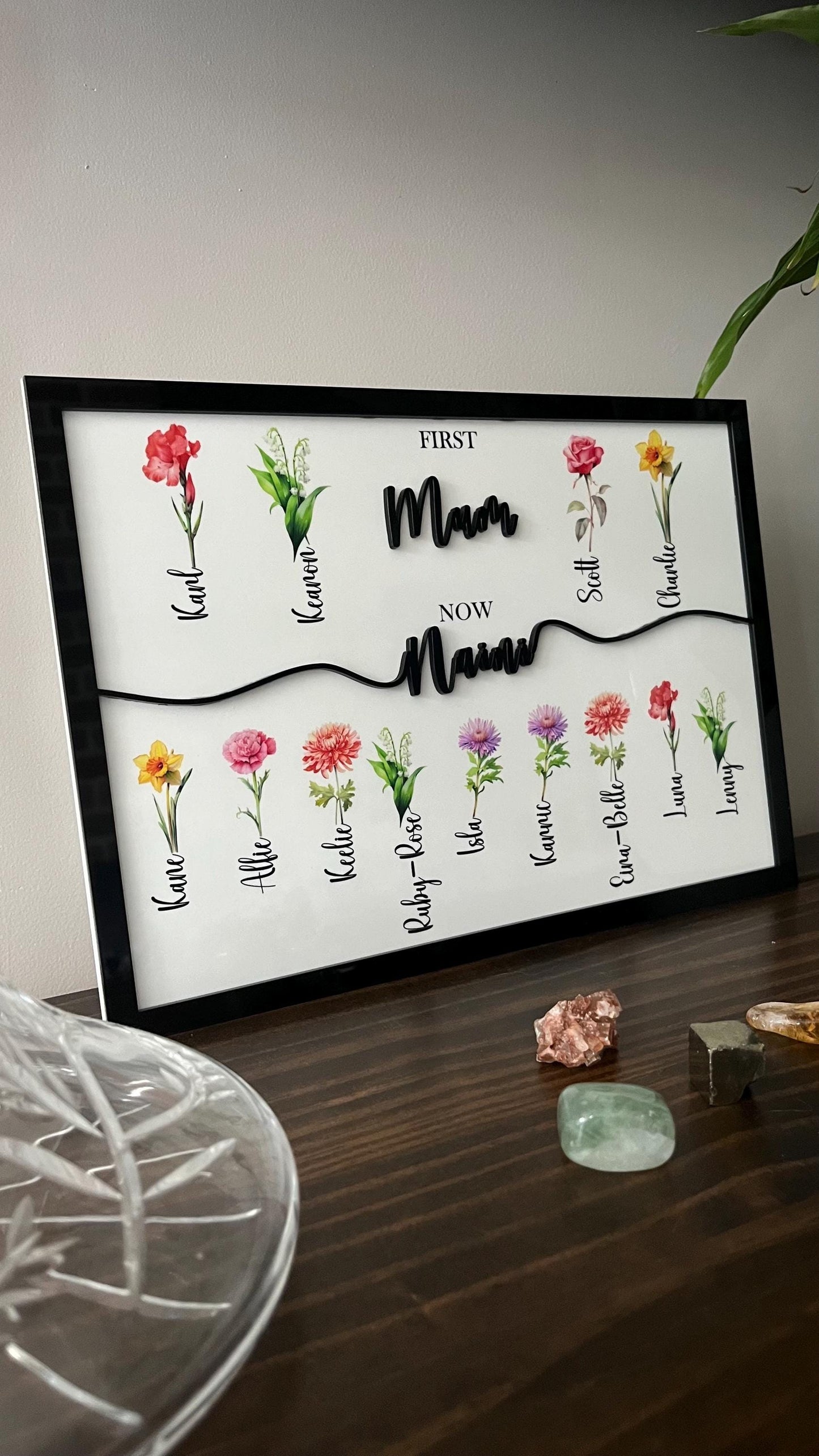 Personalised 'First Mum, Now Nan' Plaque with Birth Flowers & Names