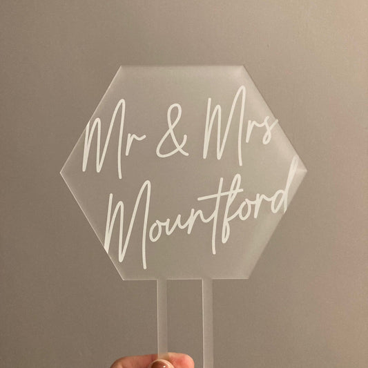 Mr & Mrs Personalised Wedding Cake Topper- Hexagon Cake Topper- Frosted Cake Topper