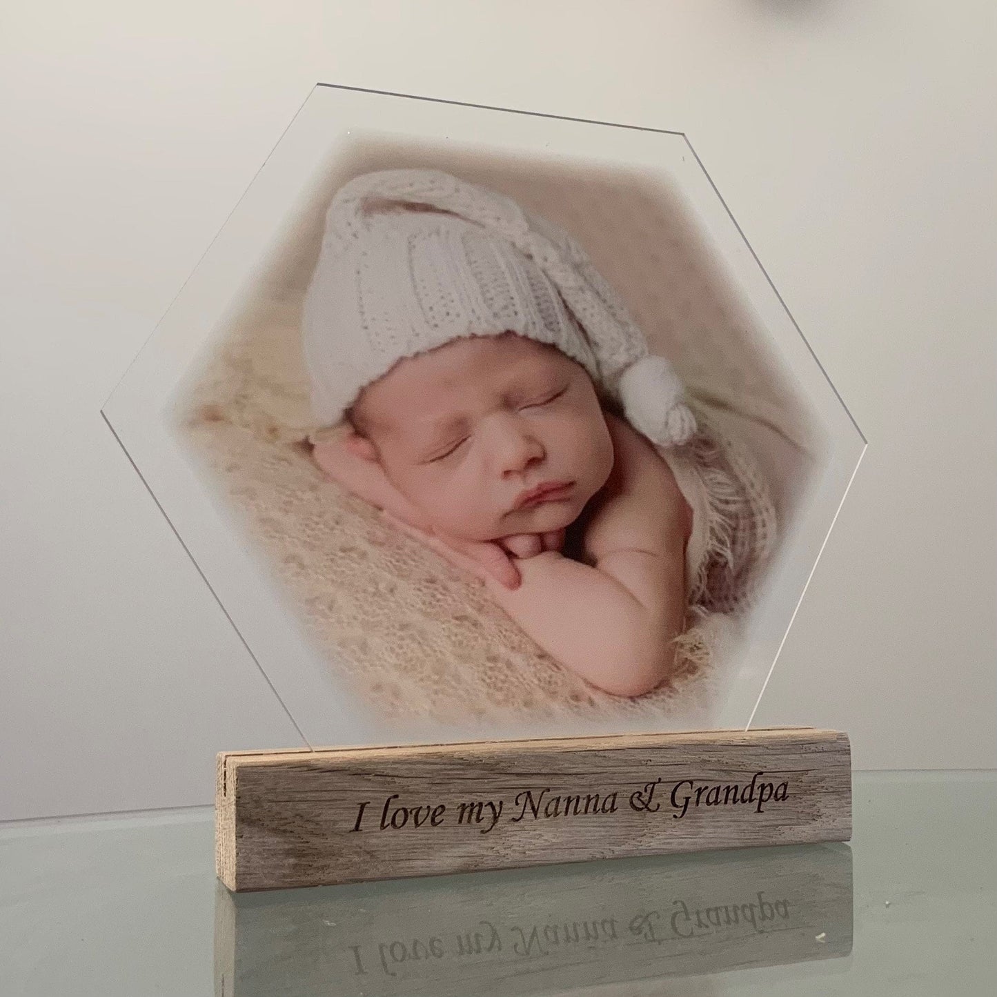 Personalised Hexagon Acrylic Photo with Engraved Wooden Block