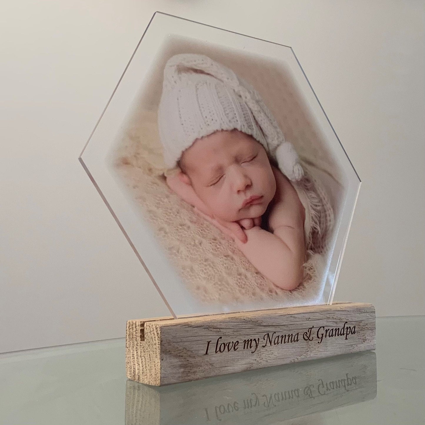 Personalised Hexagon Acrylic Photo with Engraved Wooden Block