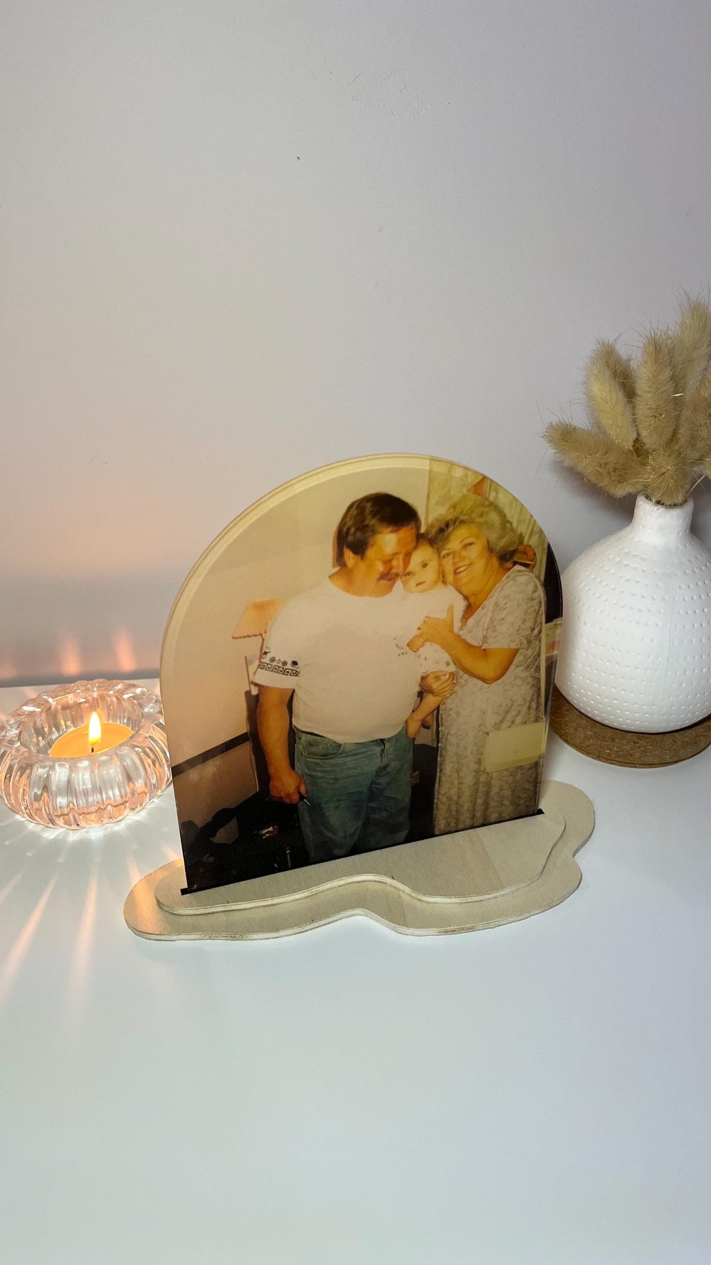 Custom Acrylic Photo Arch with Organic Wooden Base